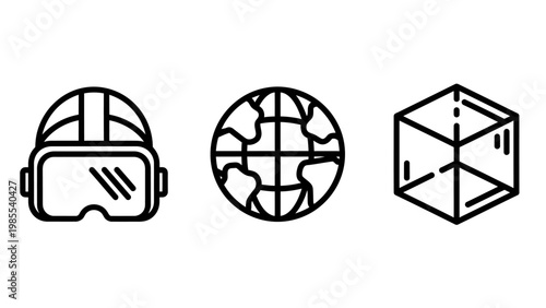 Virtual reality headset global connection 3D cube modeling technology line icons with augmented reality metaverse international connection modeling technology futuristic innovation immersive