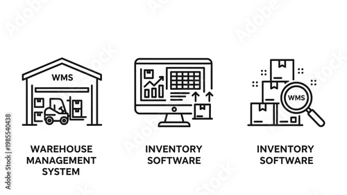 Warehouse management system (wms) and inventory software line icons set for logistics and supply chain with stock management e commerce warehouse management inventory software logistics