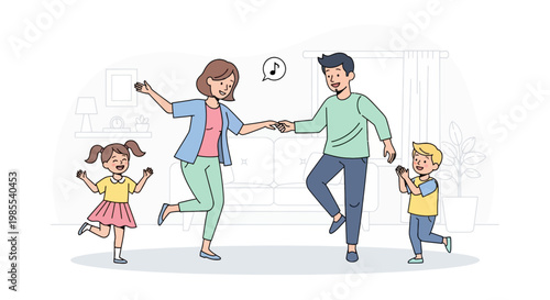 Joyful family dancing together in living room vector illustration cartoon style happy parents and kids having fun at home leisure time activity