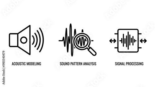 Acoustic modeling sound pattern analysis signal processing outline icons set illustrating audio technology research digital signal concepts with acoustic processing analysis modeling illustration