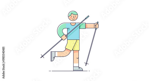 Line art of cheerful man nordic walking with trekking poles wearing a light blue t-shirt and yellow shorts on white background vector illustration