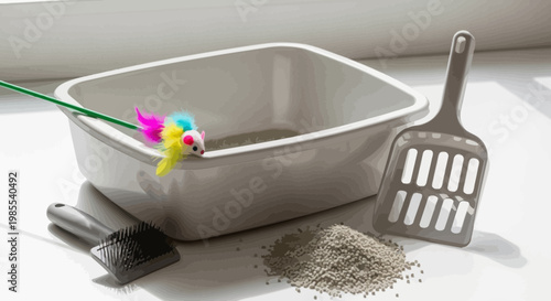 Litter box with cat toy and scoop on tile surface in cartoon style; essentials for pet care in a quirky illustrated design