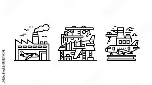 Linear icons of aircraft production assembly maintenance processes with line art icon set black and white aircraft airplane production assembly industry manufacturing maintenance engineering