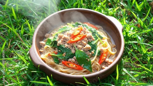 Steaming hot noodle soup with ground meat and vegetables in a brown bowl on grass