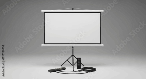 Portable projector screen display with remote controls and black cable on floor against textured wall; Presentation equipment