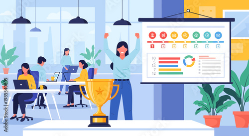 Woman Celebrating with Trophy Award.