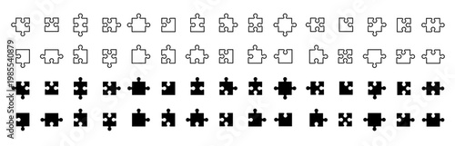 Puzzle icons. Puzzle pieces. Solution, jigsaw, strategy, connection, brain.