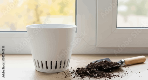 Potting soil being prepared in a plant pot on a windowsill in an illustrative style set against a warm natural background