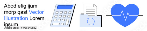Business analysis, finance, workflow automation, healthcare, data management, technology. Calculator, document icon with arrows and heart with heartbeat line. Finance and healthcare concepts