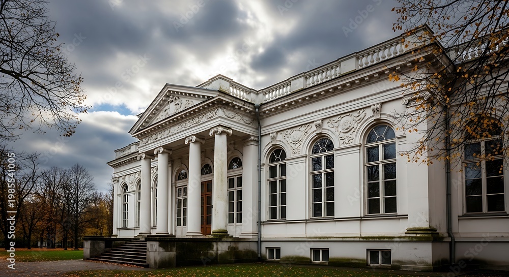 Fototapeta premium Hauntingly beautiful abandoned mansion under dramatic cloudy skies