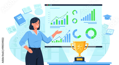 Woman presenting business charts and trophy 1.