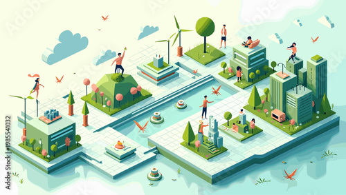 This vibrant, isometric illustration evokes a sense of urban tranquility. Perfect for depicting sustainable city planning, ecological design, or a mod