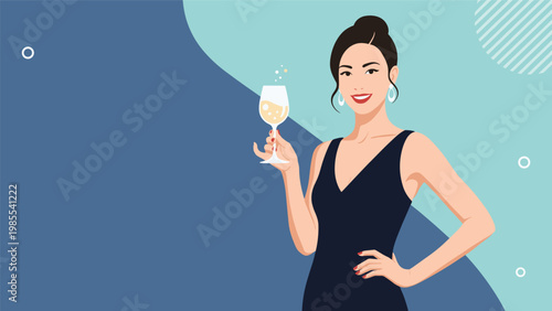 Smiling elegant woman in a black dress holds a glass of white wine against an abstract blue and turquoise background.