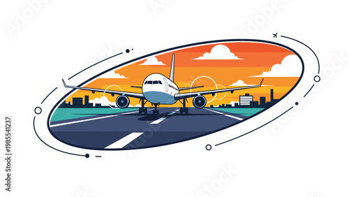 Large commercial airplane prepares for takeoff on a runway at sunset with a city skyline in the distant background.