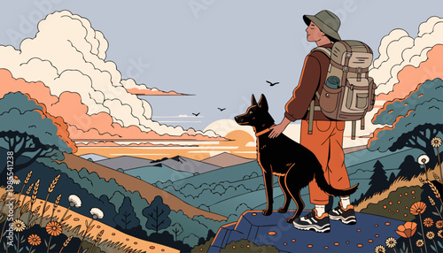 A man and his dog standing on a cliff overlooking a beautiful landscape at sunset