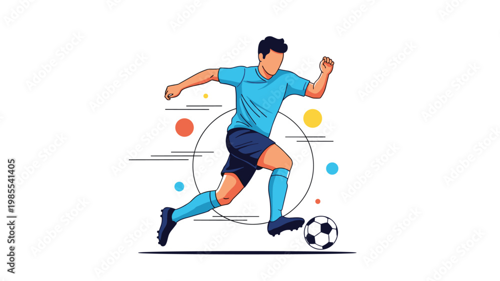Obraz premium Dynamic male soccer player in a blue kit dribbles a ball across a white background with abstract design elements.