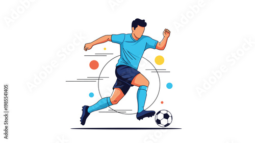 Dynamic male soccer player in a blue kit dribbles a ball across a white background with abstract design elements.