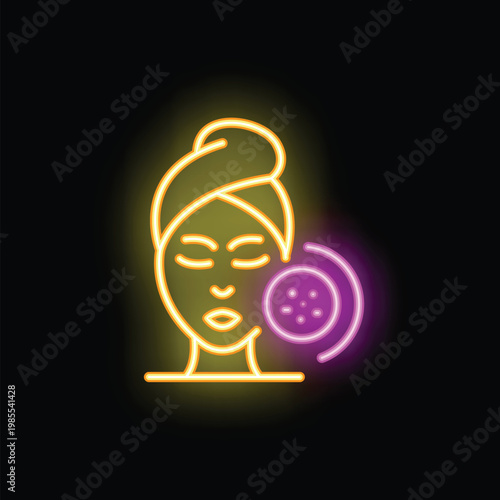 Neon icon of a woman with a towel wrapped around her head getting a spa facial treatment