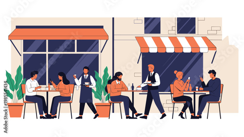 Lively outdoor sidewalk cafe with customers sitting at tables and waiters serving coffee in a busy urban setting.