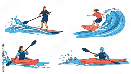 People enjoying water activities such as surfing paddleboarding and kayaking on waves in a flat illustration set.