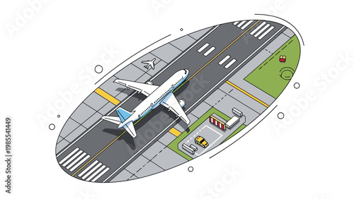 Isometric view of a white commercial airplane parked on an airport runway with taxiing cars and green grass nearby.
