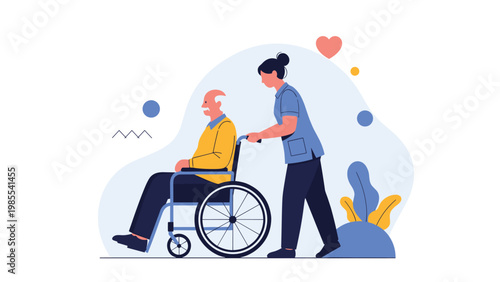 Female nurse pushes an elderly man in a wheelchair against a soft blue abstract background with floating shapes.
