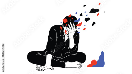 Expressive black and white drawing of a person in distress sitting cross-legged with colorful emotional shapes.