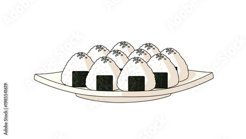 Plate full of traditional japanese onigiri rice balls wrapped in nori seaweed and topped with black sesame seeds.