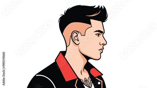 Side profile of a young man with a modern undercut hairstyle and a black jacket with a red collar against white.