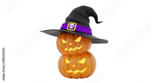 Stack of Carved Halloween Pumpkins wearing a Witch Hat