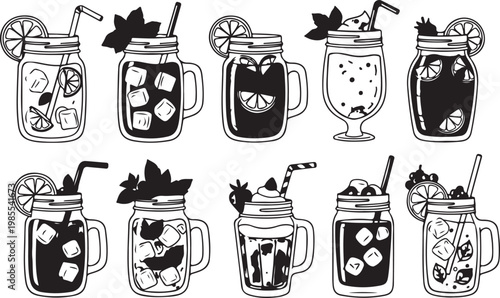 A collection of colorful glass jars with lids and bottles on a white background Vector