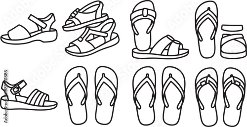 A variety of footwear styles and designs illustrated in black and white Vector