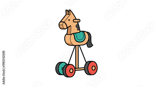 Traditional wooden rocking horse toy with wheels and a green saddle isolated on a clean plain white background.