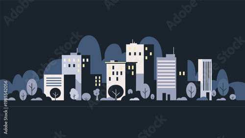 Stylized city skyline at night with various building shapes silhouettes and green trees under a dark night sky.