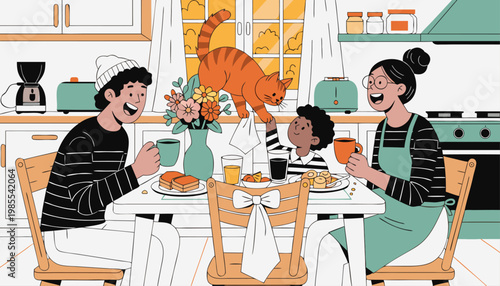 A happy family with a cat enjoying breakfast together in a modern kitchen with a minimalist design