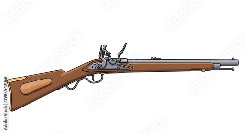Historical flintlock musket rifle used during the American Revolution, featuring wooden stock and metallic firing mechanism.