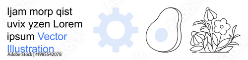 Technology, agriculture, natural products, design inspiration, modern branding, digital concepts. Gear icon, avocado and flowers with sleek minimalist style. Technology and agriculture