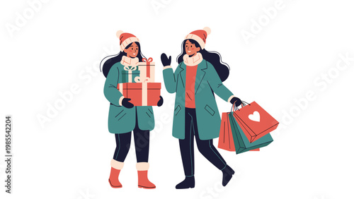 Two young women in winter clothes holding gift boxes and shopping bags while talking together in the cold weather.