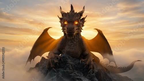 Ancient Myth Creature Dragon on Snowy Mountain Top at Sunset