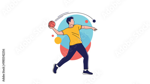 Dynamic illustration of a male athlete throwing a basketball against a vibrant and colorful abstract geometric backdrop.