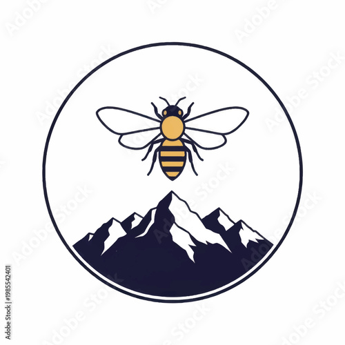 Bee Icon with Mountains Inside Circle.