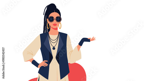 Stylish woman with long dark dreadlocks and round sunglasses poses confidently wearing a navy vest and a light-colored tunic dress.