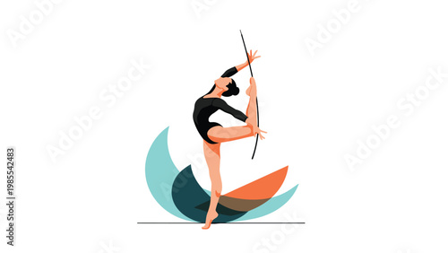 Graceful rhythmic gymnast in a black leotard performs a flexible move with a hoop against a background of abstract colorful shapes.