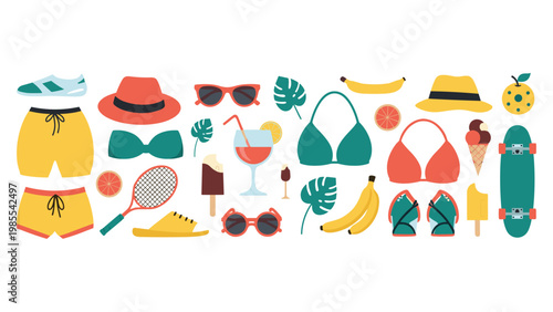 Large collection of colorful summer vacation items includes swimwear, sunglasses, ice cream, a skateboard, and tropical fruit icons.