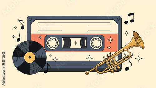 Retro music themed illustration features a classic cassette tape, a vinyl record, a golden trumpet, and floating musical notes.