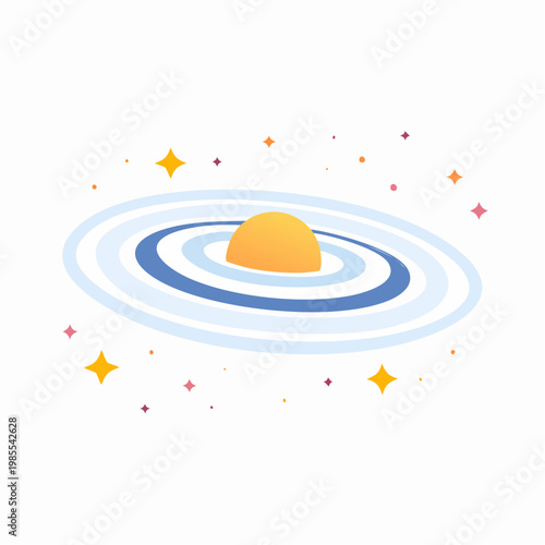 Stylized celestial planet with radiant rings and sparkling stars, a vibrant cosmic flat design illustration
