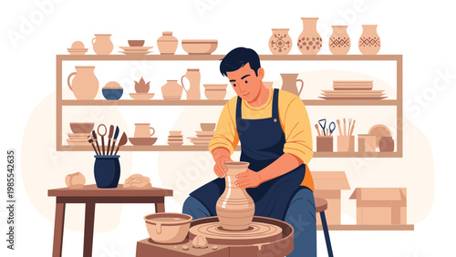 Skilled potter wearing an apron carefully shapes a clay vase on a spinning pottery wheel inside a well-organized craft workshop.
