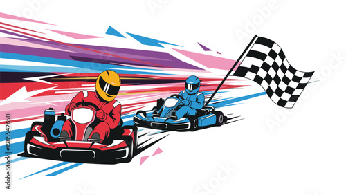Two fast go-karts in red and blue colors race toward the finish line where a checkered flag waves in a dynamic sport illustration.