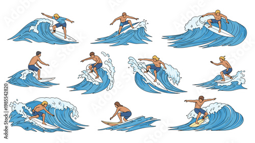 Multiple small illustrations show different surfers catching waves and performing maneuvers on blue ocean water in various poses.
