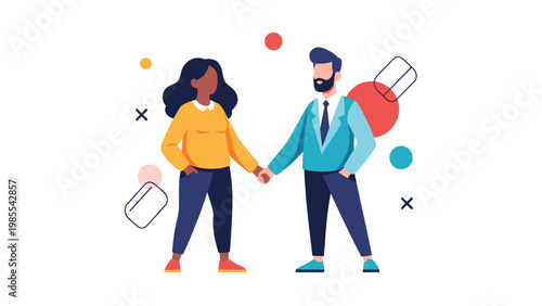Diverse business man and woman in professional attire stand together and share a firm handshake against a background of abstract shapes.
